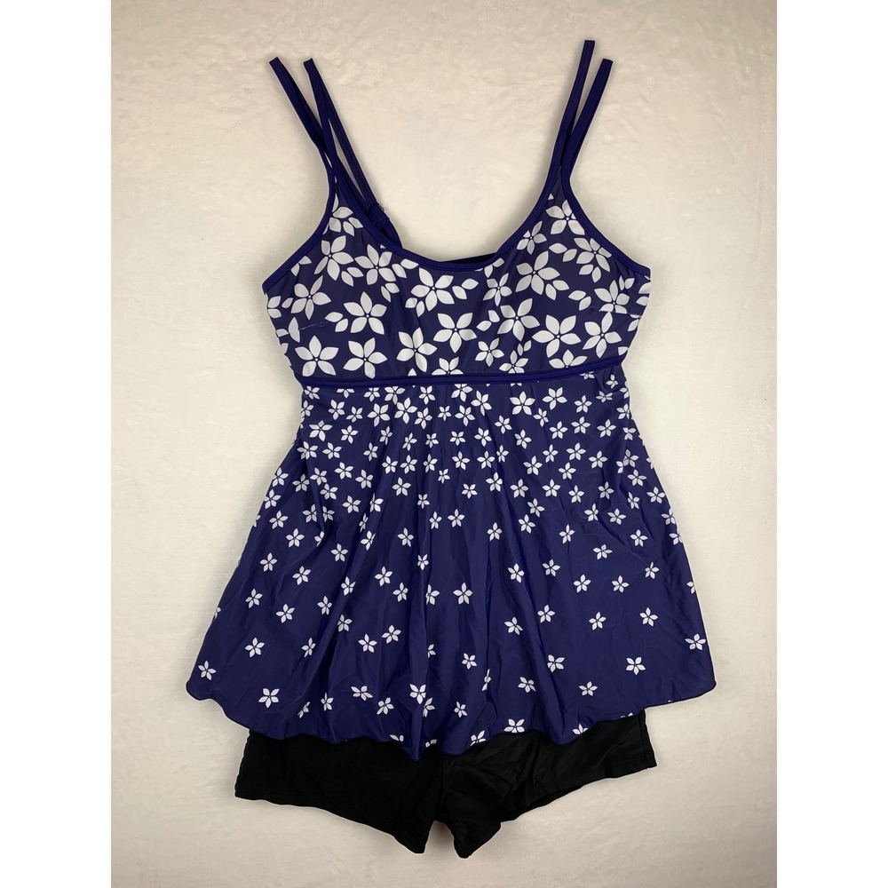 NWOT Blue Floral Flowy Tankini Top Black Boyshorts Swimsuit Set XL